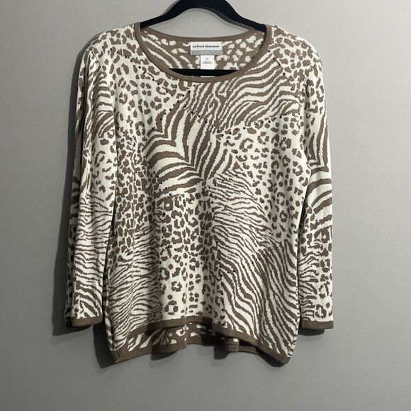 Alfred Dunner Animal Print Sweater Petite L Cream & Brown Leopard Knit Pullover - Picture 1 of 12